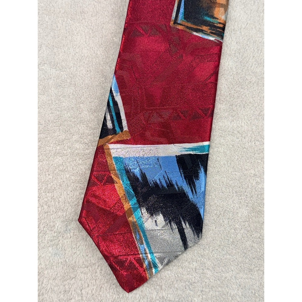 Surrey Mens Abstract‎ Geometric Print Tie Burgundy Red Teal Black 100% Polyester